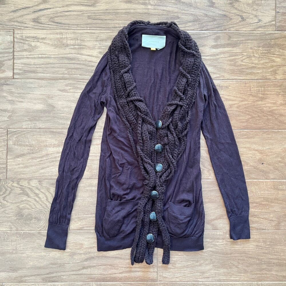 Anthropologie Leifsdottir Cardigan Sweater Size XS Brown Chunky Crochet Trim